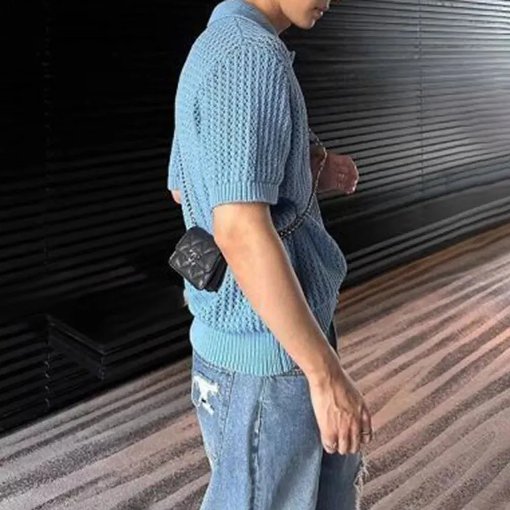 Aidase Mens Y2k Hollow Perspective Knitted Tops 2024 New Daily Casual Personality Versatile Breathable Short-Sleeved Polo Shirt Men