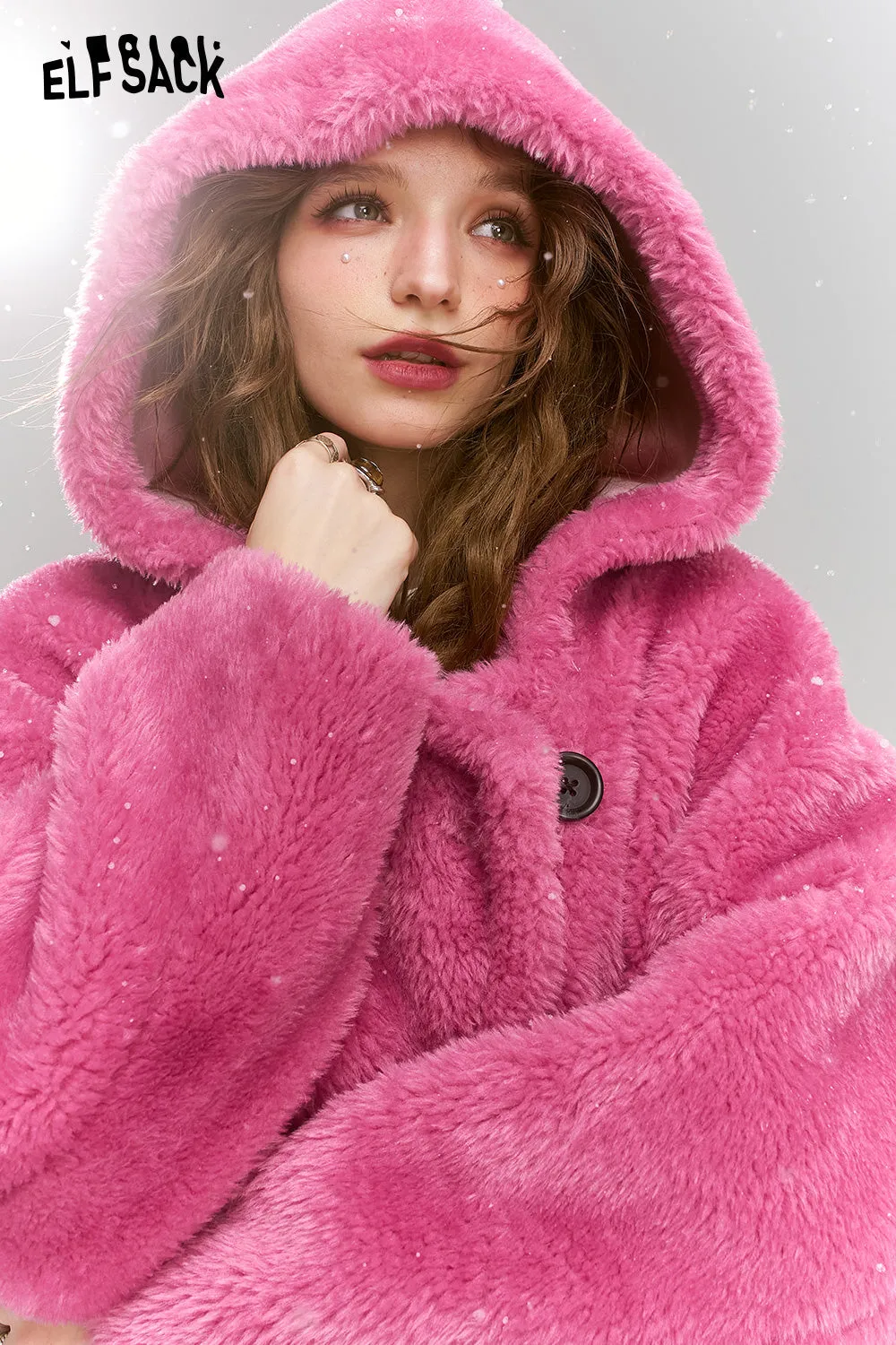 ELFSACK 2024 Winter New Arrivals Pink plush composite suede thick long hooded coat