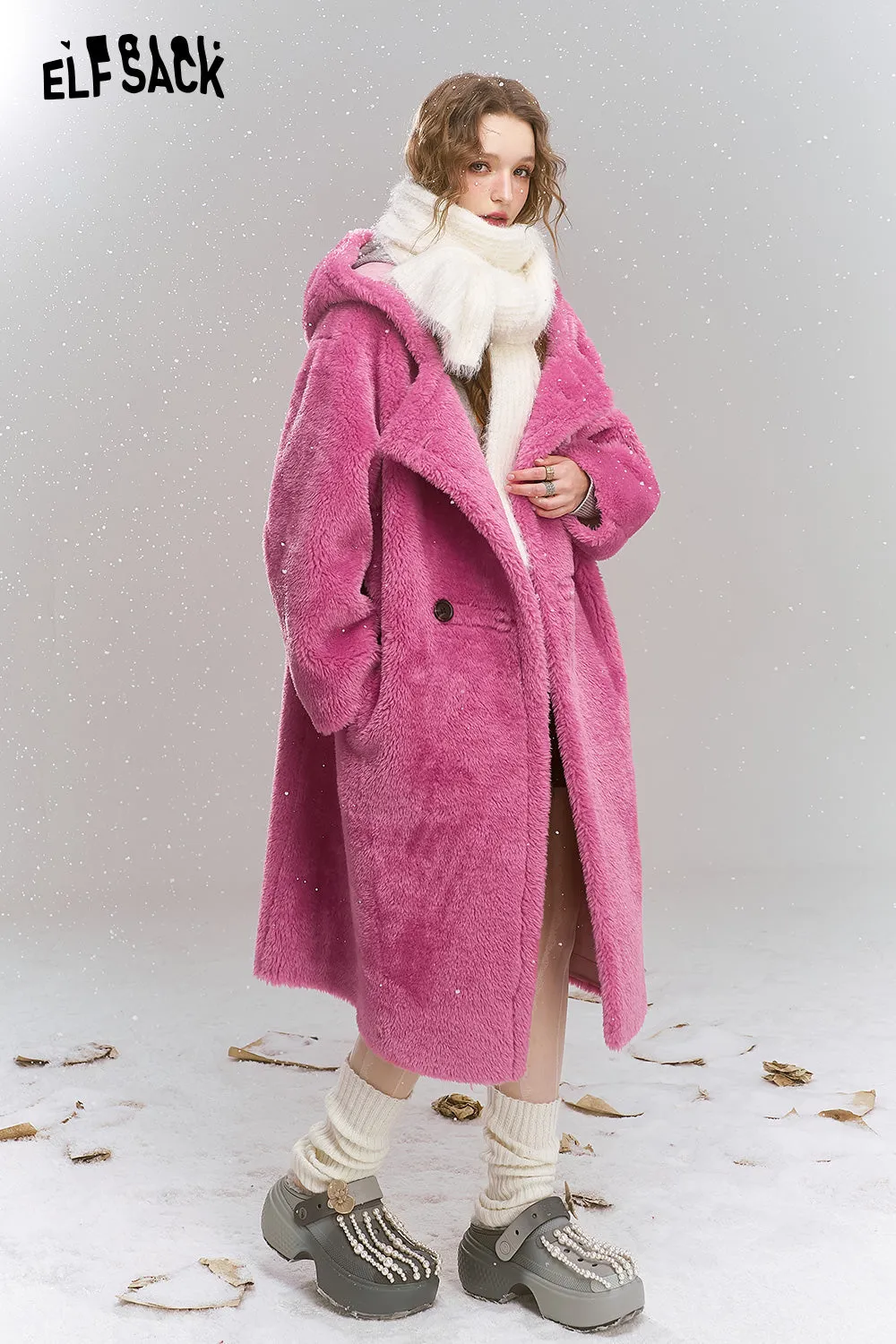 ELFSACK 2024 Winter New Arrivals Pink plush composite suede thick long hooded coat