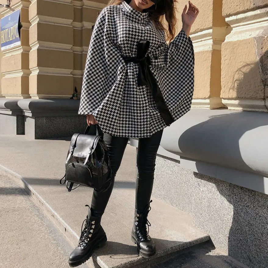 Fashion Houndstooth Coat Lace-Up Raglan Sleeve Loose Wholesale Cloak