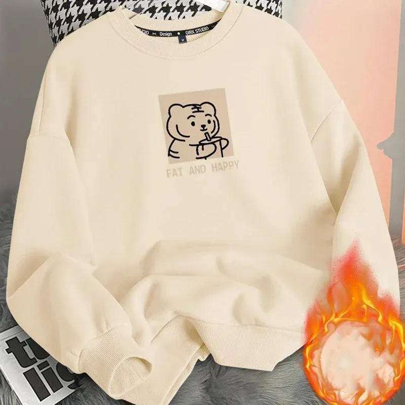 LVSANW Autumn Winter Women Casual Loose Sweatshirts Lambswool Thicken Thermal Sweatshirts Women Printed Cute Fleece Warm Hoodies 2025