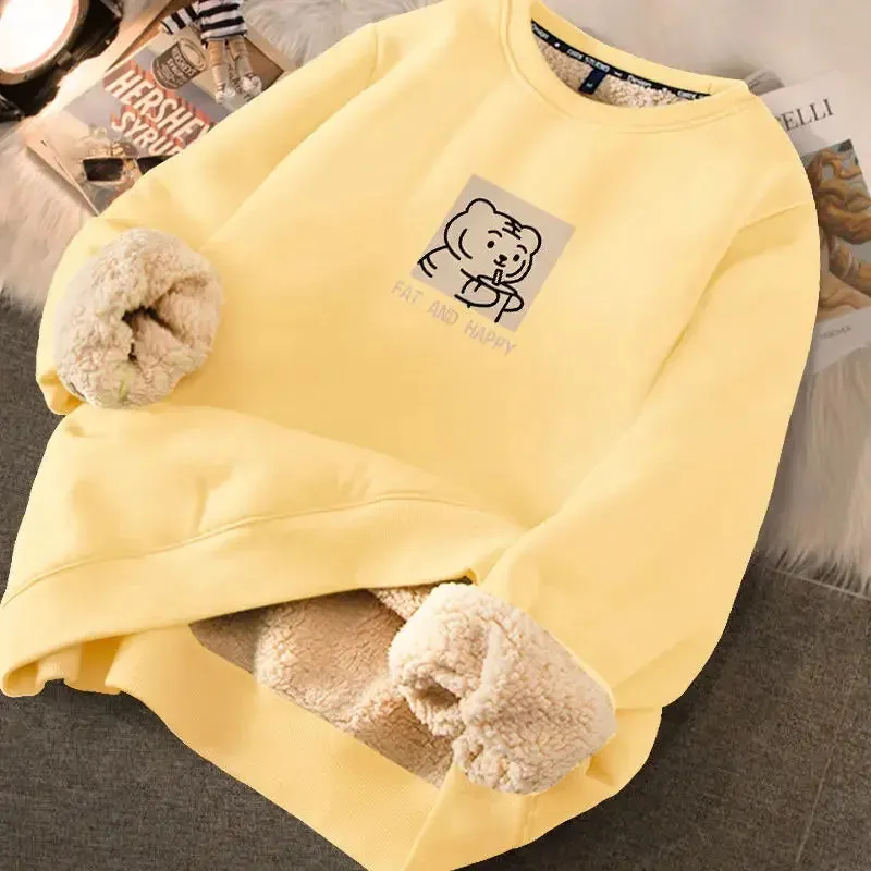 LVSANW Autumn Winter Women Casual Loose Sweatshirts Lambswool Thicken Thermal Sweatshirts Women Printed Cute Fleece Warm Hoodies 2025