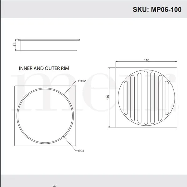Meir Square Floor Grate Shower Drain 100mm Outlet - Champagne