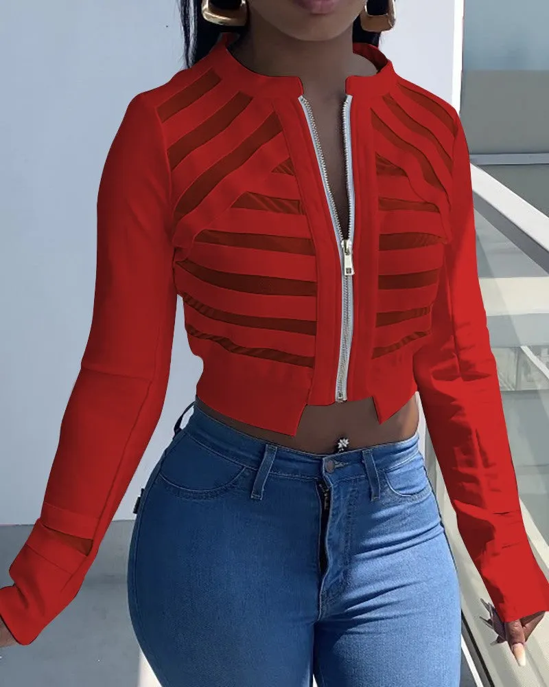 Sheer Mesh Zip Front Long Sleeve Crop Coat