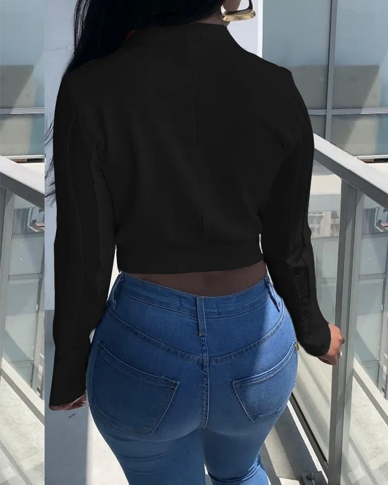 Sheer Mesh Zip Front Long Sleeve Crop Coat