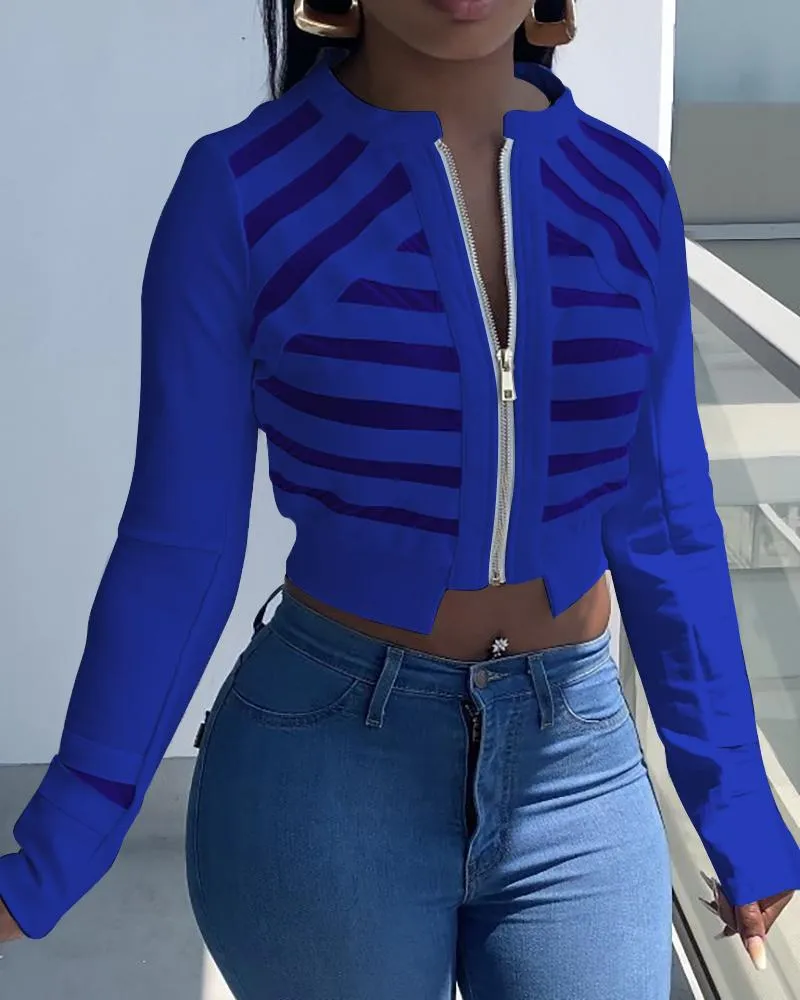 Sheer Mesh Zip Front Long Sleeve Crop Coat