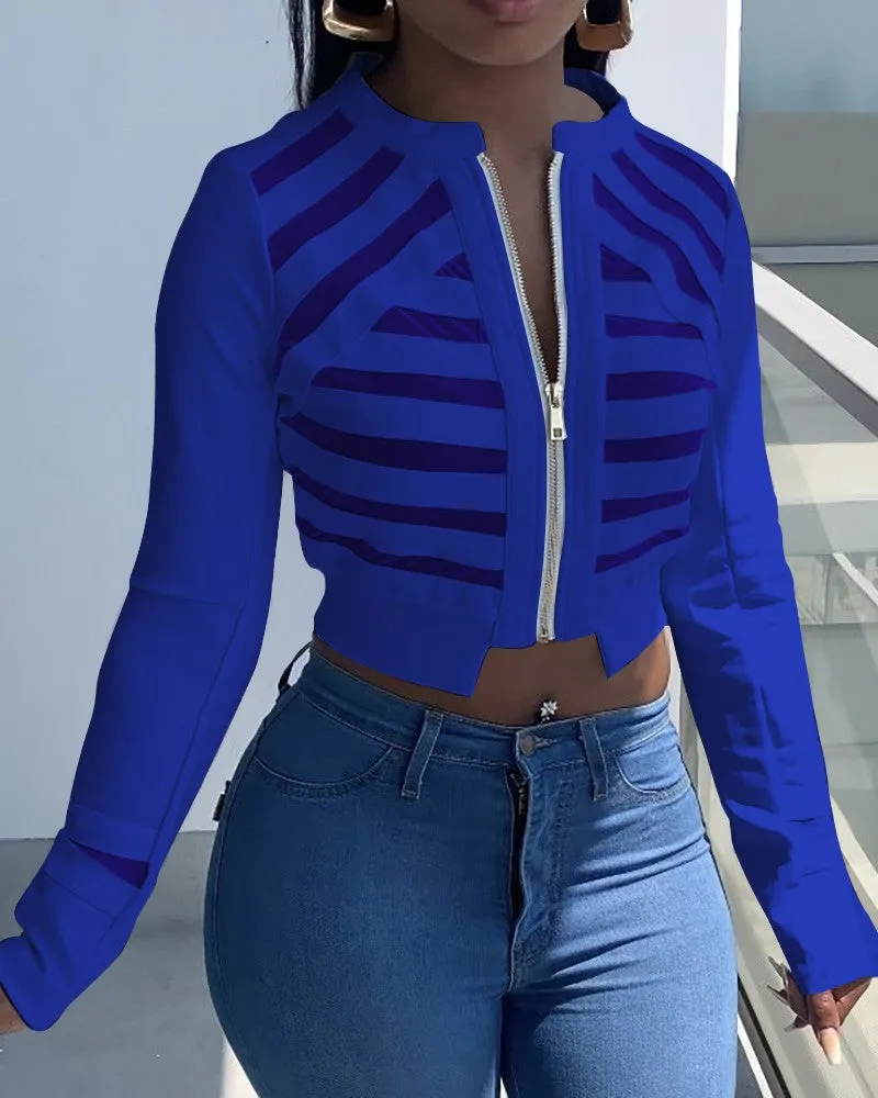 Sheer Mesh Zip Front Long Sleeve Crop Coat