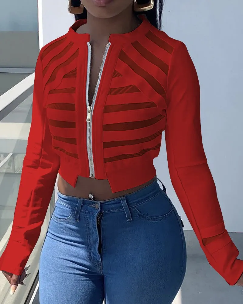 Sheer Mesh Zip Front Long Sleeve Crop Coat