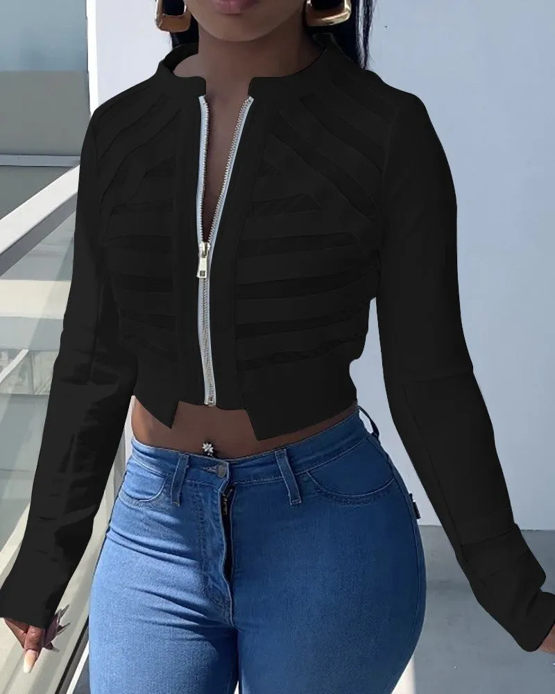 Sheer Mesh Zip Front Long Sleeve Crop Coat