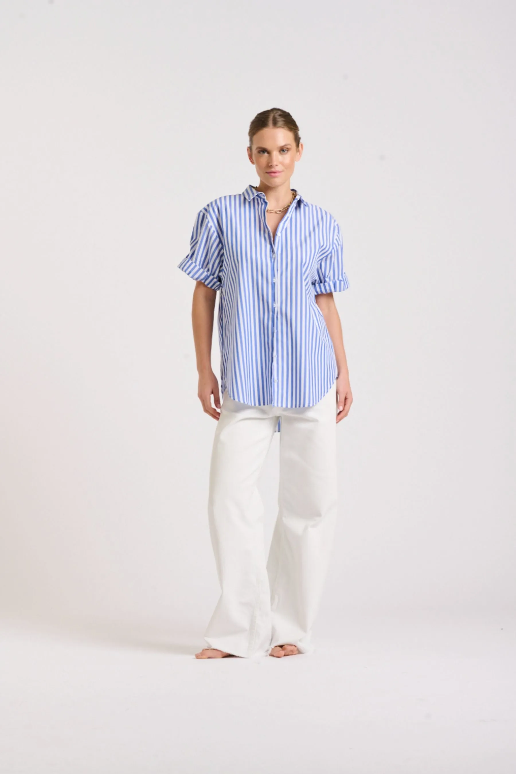 The Annie Short Sleeve Shirt | Mid Blue Stripe