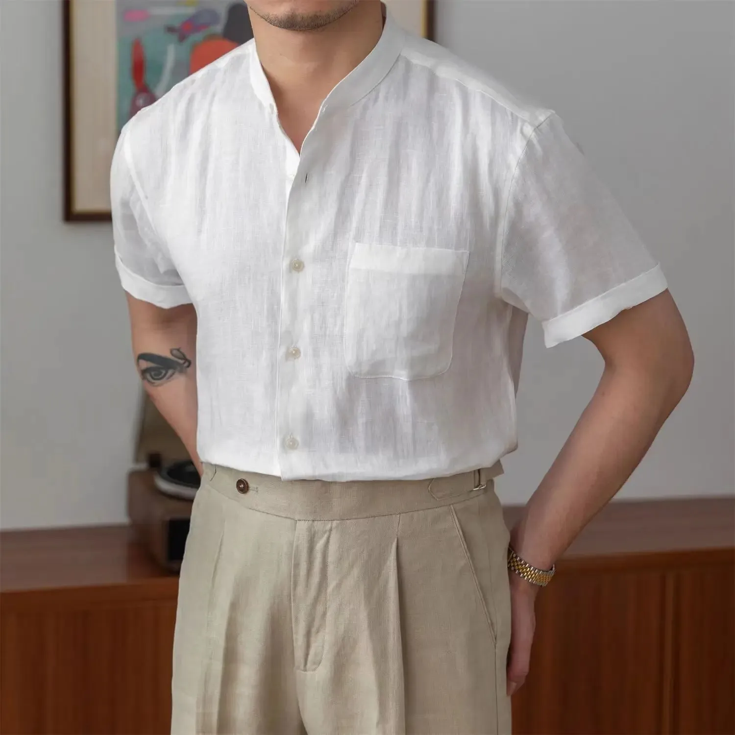Wiaofellas  -  Vintage  Linen Shirt For Men Summer Thin Breathable Short sleeved Tops Light Luxury Casual Loose Stand Collar Blouse Streetwear